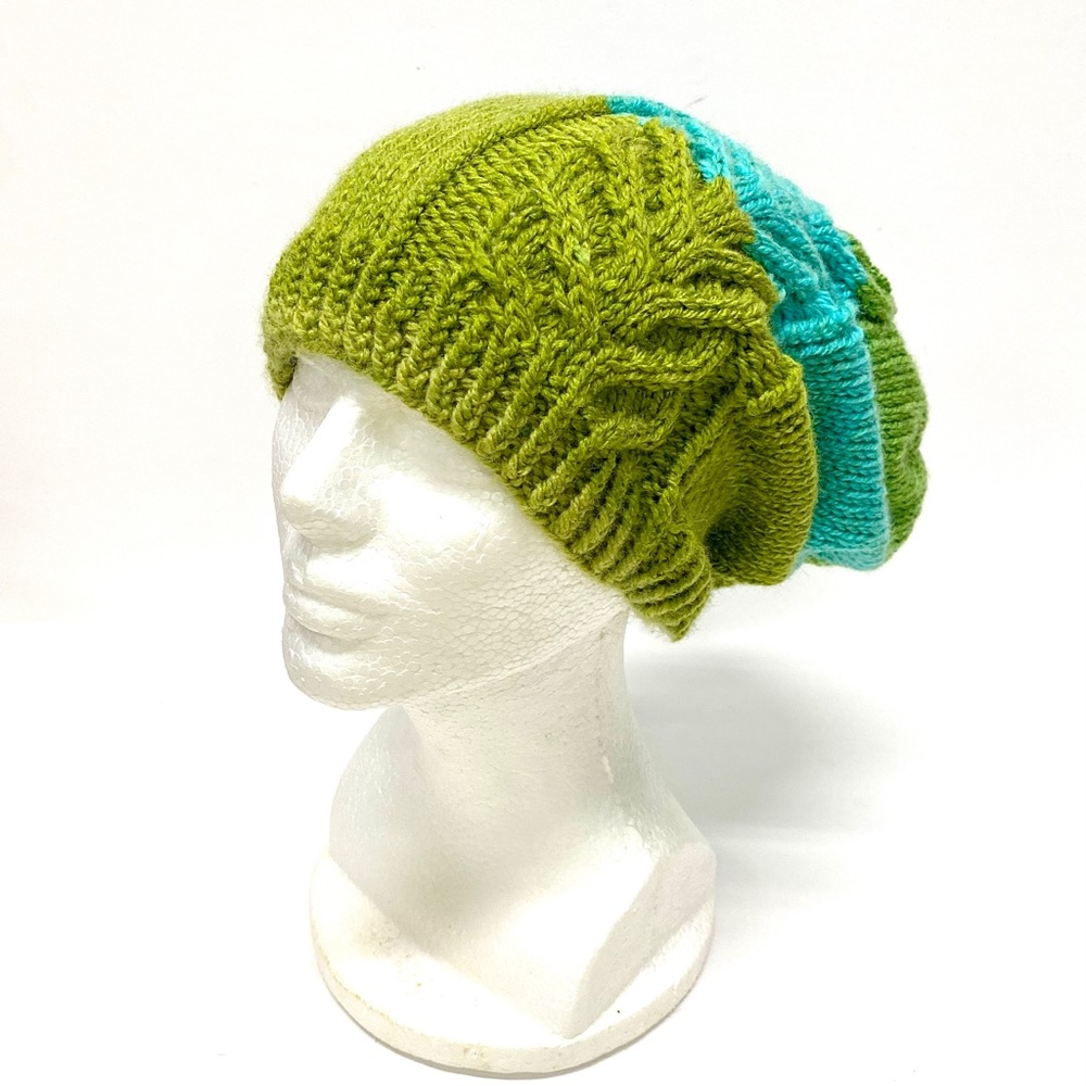 Hand Knit Striped Slouchy Beanie with Antler Cable Design One Size Fits Most